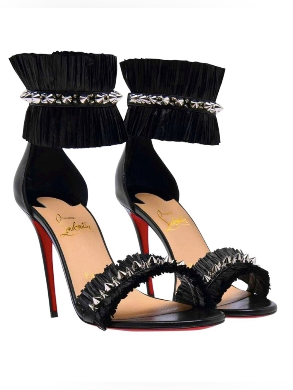 Christian Louboutin Poupedou Black Spike Raffia Ankle Strap Heels EU 39 Red Sole - Picture 8 of 9